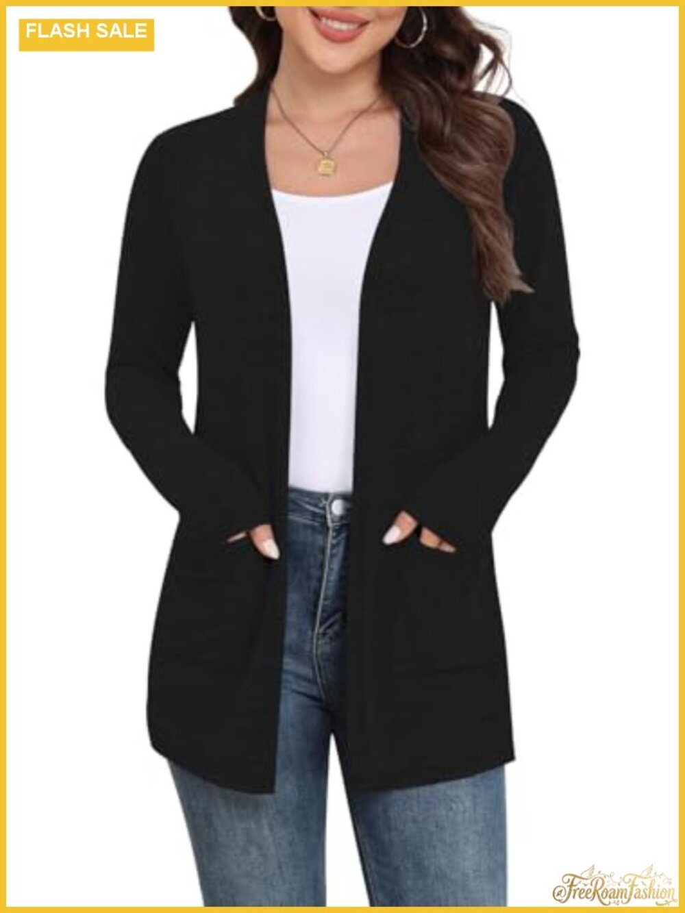 Lightweight Open Front Knit Cardigan with Pockets Long Sleeve